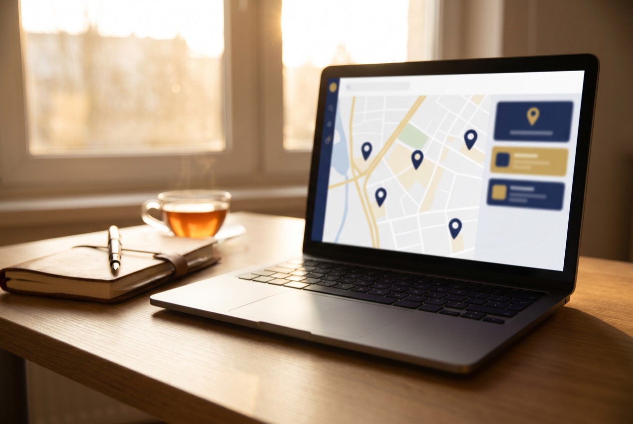 A laptop showing a property map and listings