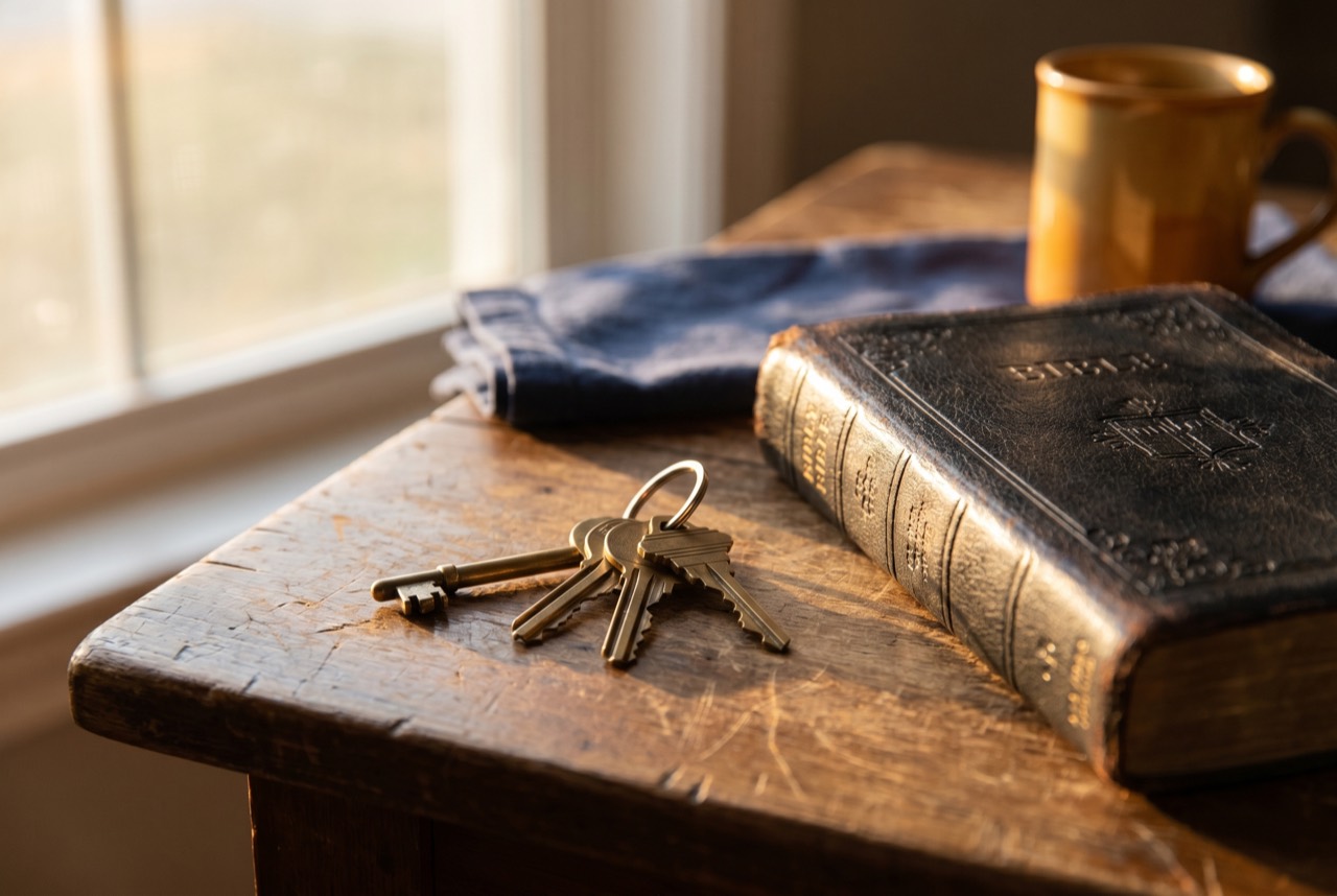 House keys resting on a worn leather Bible
